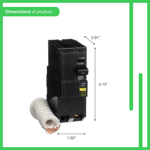 QO Qwik-Gard 50 Amp Two-Pole GFCI Circuit Breaker for Home Panels, showing dimensions and plug-on design.