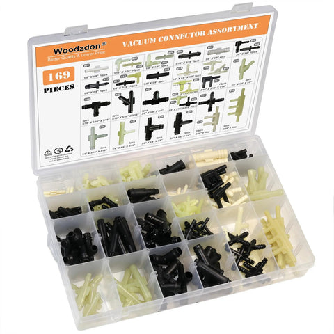 Front view of Woodzdon 169-piece vacuum connector kit in clear case with 32 sizes of automotive vacuum tubing and tee connectors.
