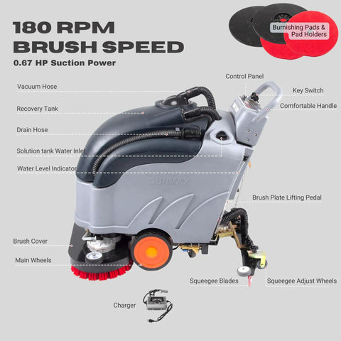 28-Inch Commercial Floor Scrubber With Dual Brushes And Pad System, 14.5-Gallon Tank, Self-Propelled Traction Drive