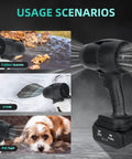Cordless Handheld Jet Dry Mini Blower Turbo Fan Electric Air Duster for Car Cleaning Home Garage and Garden shown removing leaves, snow, and pet hair