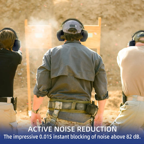 Person wearing Electronic Shooting Ear Protection Muffs With 30 dB NRR And 0.01s Reaction Time in action at gun range