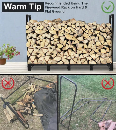 8Ft Outdoor Firewood Rack Holder For Wood Storage And Fireplace Use With 10 Stable Support Legs on hard flat surface