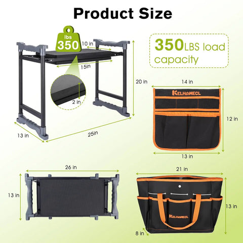 Garden Kneeler And Chair With Umbrella, 2-In-1 Foldable Garden Stool With Adjustable Bracket, Detachable Tool Bags, Black and Orange