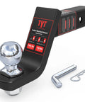 Trailer Hitch Ball Mount Kit With Four Inch Drop For Two Inch Receivers Includes Two Inch Ball And Five Eighth Inch Pin Clip Rated 7500 Lbs GTW And 750 Lbs TW With Anti Loosening Pin For Safer Towing, displayed with hitch ball and pin clip.