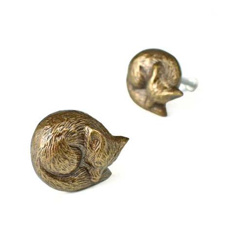 Antique Brass Cabinet Knob And Pull Set For Cabinets And Dressers, Animal Woodland Style Kitchen Knobs, Easy Install With Included Bolts, Rust Resistant Hardware, Two Pack. Two brass fox cabinet knobs shown from side and rear.