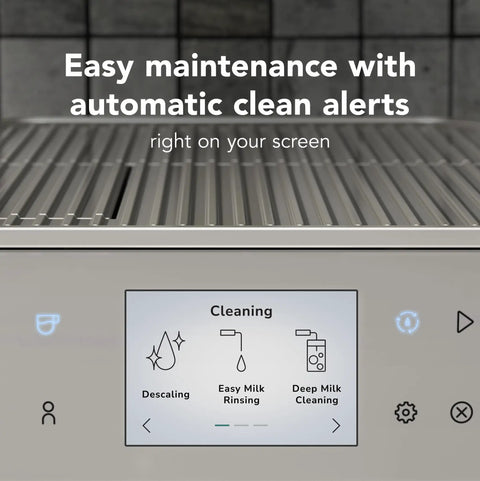 Heavy Duty Stainless Steel Espresso Machine With Removable Bean Hopper And Auto Milk Frother Built To Last And Brews Like Butter For Any Home Barista Game Changer Setup cleaning screen with maintenance alerts
