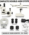 Trinocular Stereo Zoom Microscope 3.5X To 90X With Dual Arm Boom, 45 Degree Inclined Head Rotates 360, Simul Focal Port For Digital Camera Or HD Touch Screen, Interpupillary 54 To 76 Mm, Diopter Adjustable Plus Or Minus Six, Top Notch Lab Setup with accessories