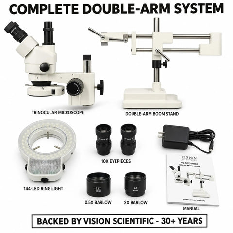 Trinocular Stereo Zoom Microscope 3.5X To 90X With Dual Arm Boom, 45 Degree Inclined Head Rotates 360, Simul Focal Port For Digital Camera Or HD Touch Screen, Interpupillary 54 To 76 Mm, Diopter Adjustable Plus Or Minus Six, Top Notch Lab Setup with accessories