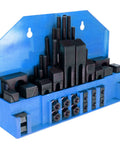 Heavy Duty Pro Grade Hold Down Clamp Set For Milling Machines 58 Piece Kit with rack, black clamps and studs displayed