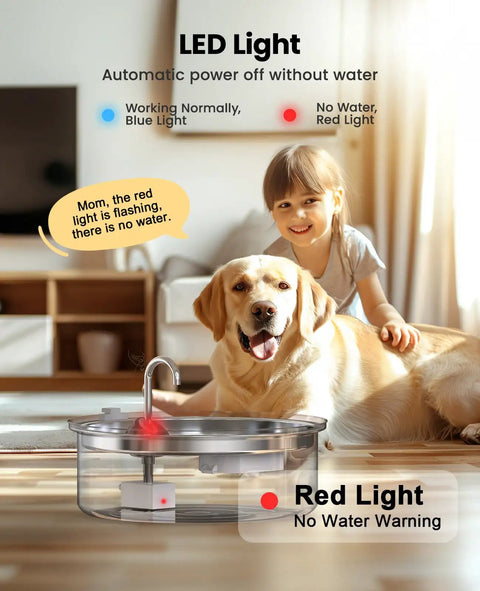 PWF002B Compatible Replacement Pump For Dog Water Fountain with LED light showing no water warning next to dog.