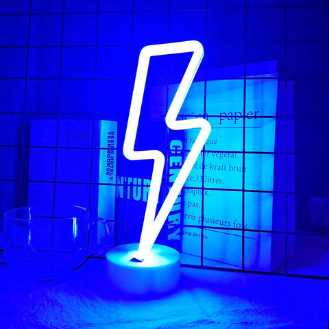 Lit Lightning Bolt Neon Sign With Base USB And Battery Powered Blue LED Light For Bedroom Decor Perfect Gift For Teens Boys And Girls Dope Gaming Mood Light With Holder