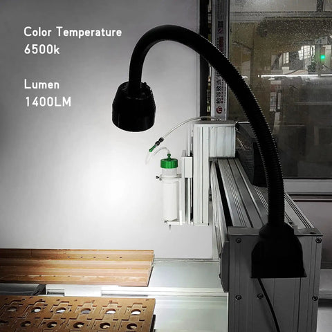 Flexible CNC Lathe Work Light With 1400 Lumens IP66 Waterproof Gooseneck Lamp 110V 220V Ready, shown installed on a machine