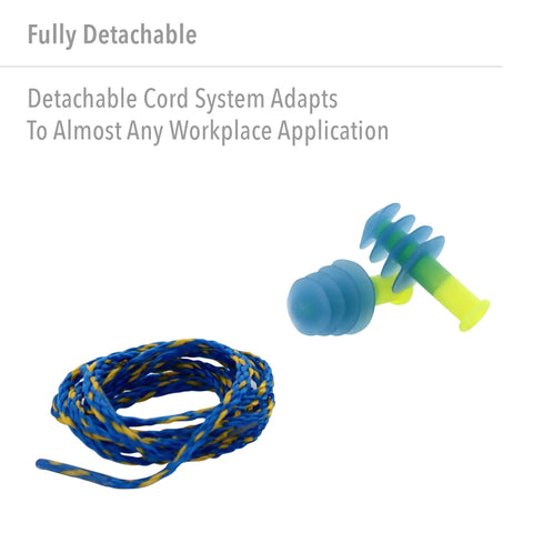 Fusion Corded Reusable Earplugs With Dual Material Construction and detachable blue-yellow cord