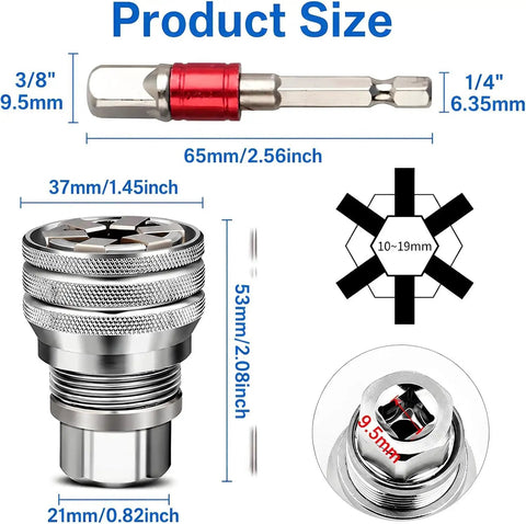 Product size details of Adjustable Universal Socket Wrench Tool 10mm to 19mm Range 3 8 Inch Drive with measurements