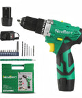 Rock Solid 12V Cordless Drill Set With Keyless Chuck And Two Speed Gearbox, includes battery and drill bits.