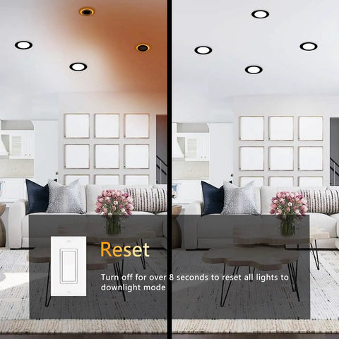 Slick 4 Inch Black Canless Recessed Lights 36 Pack in a modern living room, showing amber night light mode and ceiling installation.