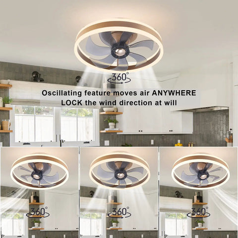 Bladeless 20 Inch Flush Mount Ceiling Fan With Light Remote And Smart App Control 360 Degree Oscillation Low Profile Enclosed Ceiling Fan With LED Lighting Gold Finish