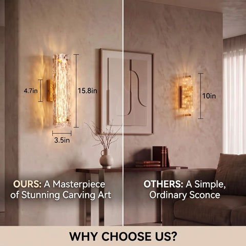 AooLiWang Gold LED Wall Sconces, Set of 2 with Transparent Glass Strip, showcasing dimensions in a modern living space.
