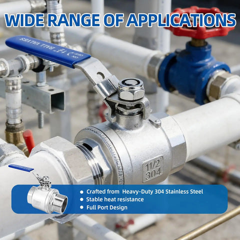 Two Pack Full Port Ball Valve Three Quarter Inch NPT Male To Female 304 Stainless Steel Shut Off Valve installed on pipe