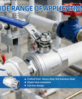 Two Pack Half Inch Full Port Ball Valve With NPT Male Female Threads Forged From Tough 304 Stainless Steel Absolute Workhorse Design Rated For One Thousand PSI On Water Oil Gas Lines With Reliable Locking Handle mounted in a plumbing setup.