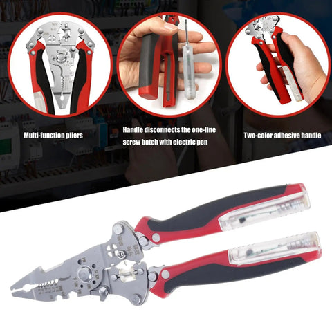 Heavy Duty Foldable Wire Strippers 16 In 1 Electrician Pliers Multifunction Cable Cutter Crimper showing steel jaws and ergonomic handles.