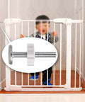 Heavy Duty M10 Gate Adapters 4 Pack threaded spindle rod connector kit shown with a child at a safety gate.