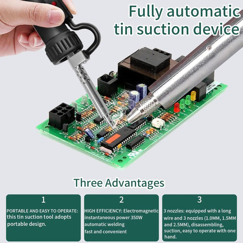 Electric Desoldering Gun Go-To Automatic Solder Sucker being used on a circuit board with 3 soldering tips, focusing on high suction tool.