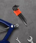 Top Tier 2 Sets High Carbon Steel Hex Key Wrench Set L Shaped With Ergonomic Handles For Bike Repair And Detailed Assembly Tasks Wear Resistant Black Metric Spanner Kit Perfect For Pros And Weekend Warriors A-Game Tool orange holder with black metric hex keys beside bike part