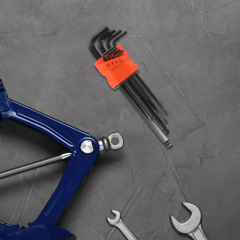 Top Tier 2 Sets High Carbon Steel Hex Key Wrench Set L Shaped With Ergonomic Handles For Bike Repair And Detailed Assembly Tasks Wear Resistant Black Metric Spanner Kit Perfect For Pros And Weekend Warriors A-Game Tool orange holder with black metric hex keys beside bike part