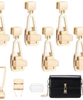 Front view of six gold-tone turn-lock purse clasps (2.1 in) for handbags with mounting hardware and shim.