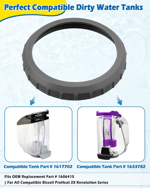 Dirty Tank Bottom Ring Cap Replacement For Bissell ProHeat 2X Revolution Carpet Cleaners Fits 1633782 And 1617702 Upgraded Plastic 1 Pack No Fuss Install Secure Seal Durable Build Budget Friendly, gray ring cap shown with compatible dirty water tanks