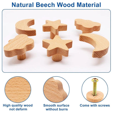 Totally Sweet Wooden Cabinet Knobs Moon Star And Cloud Shapes 6 Piece Set Heavy Duty Drawer Pulls For Nursery Dressers No Sweat Mounting And Fresh Designs Fit Your Home Style Just Right Today - beech wood knobs with celestial shapes