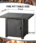 32 Inch Propane Fire Pit Table With Two Drink Holders Lid And Lava Rock 50000 BTU Outdoor Gas Fire Pit For Patio Garden Yard Dining And Backyard Parties, showing dimensions 32x24 inches.