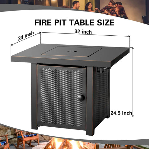 32 Inch Propane Fire Pit Table With Two Drink Holders Lid And Lava Rock 50000 BTU Outdoor Gas Fire Pit For Patio Garden Yard Dining And Backyard Parties, showing dimensions 32x24 inches.