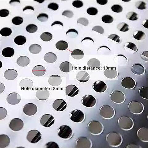 Close-up of Durable Perforated Stainless Steel Sheet With 10mm Holes 50x100 Cm Mesh Panel, showing hole distance and diameter details.