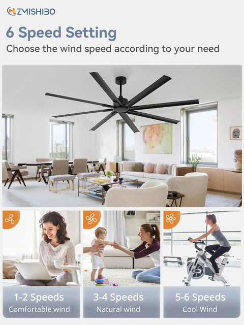 Massive 84 Inch Industrial Ceiling Fan With DC Motor, 8 Reversible Aluminum Blades, 3 Downrods in a modern living room