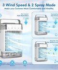 On The Go Portable Mini Air Conditioner With Remote 1000ml Evaporative Cooler showing 3 wind speeds and 2 spray modes