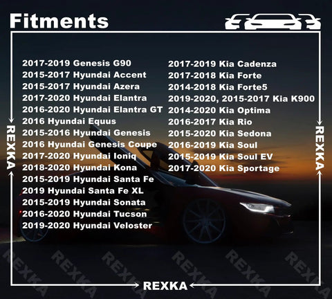 Compatibility chart for 20Pcs Fender Liner Push Type Retainer Clips Fasteners Set For Hyundai Vehicles Including Accent Elantra Azera Santa Fe Sonata Tucson Kona Veloster Optima Sedona Genesis Ioniq.