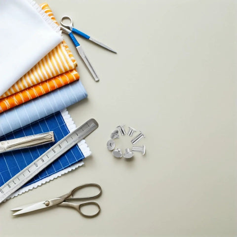 Badass Durable 110 Pack Leathercraft Screw Rivets And Gnarly Heavy Duty Metal Fasteners For Wallet Stitching And Journal Repairs Featuring A Hella Neat Sortable Case To Keep Your Crafting Session Tight with assorted fabrics and scissors.