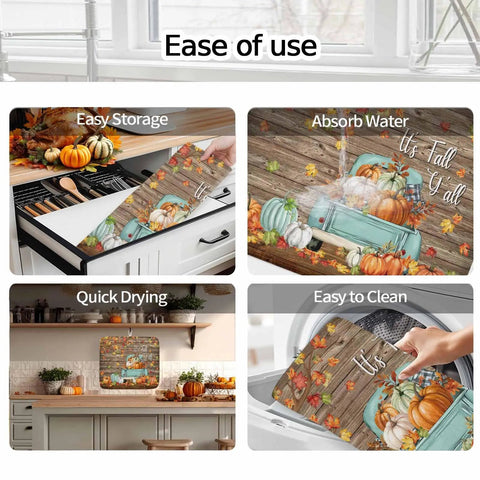 Thanksgiving Dish Drying Mat Set For Kitchen Counter, Pumpkin Harvest Maple Leaf Wood Grain Design, displayed in home kitchen use