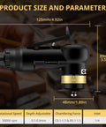 AMTOVL pneumatic chamfering tool, black metal body with gold adjustment ring, 1/4-inch air inlet, side view