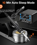 Top-Notch 2-in-1 SMD Hot Air Rework and Soldering Station with LED Display showing sleep mode, showcasing soldering iron and holder