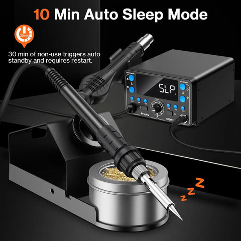 Top-Notch 2-in-1 SMD Hot Air Rework and Soldering Station with LED Display showing sleep mode, showcasing soldering iron and holder