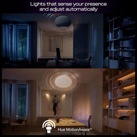 Smart Home Starter Kit With Bridge Pro And Four A19 And E26 Smart Bulbs demonstrating presence sensing and automated dimming.