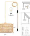 Handcrafted Boho Plug In Pendant Light With Artisan Woven Shade, easy three way switch, 12.6 inch shade, 14ft cord.