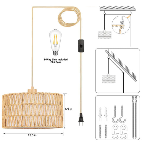 Handcrafted Boho Plug In Pendant Light With Artisan Woven Shade, easy three way switch, 12.6 inch shade, 14ft cord.
