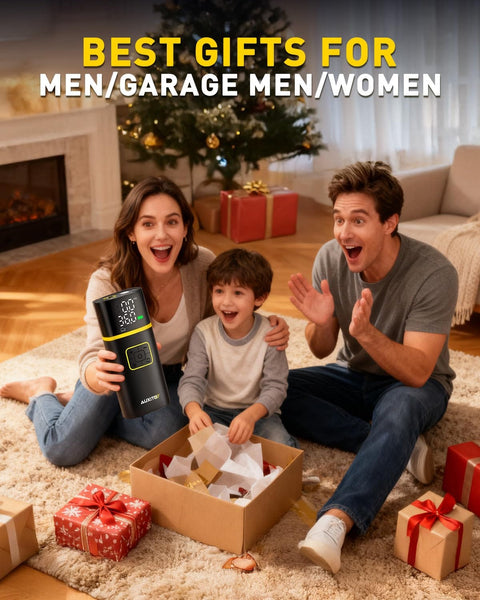 Family celebrating with Go To Portable Tire Inflator Air Compressor With Gauge 150 Psi Fast Inflation In Under 1 Minute 5200mAh Power Pack
