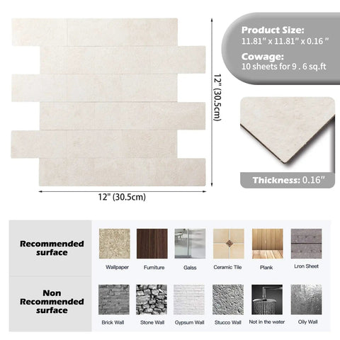 Creamy Stone Peel And Stick Backsplash Tiles For Kitchen And Bathroom Self Adhesive PVC Wall Tiles 12x12 In 0.16 In Thick 10 Sheets