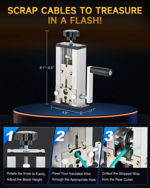 Heavy Duty Manual Wire Stripper Machine With Power Drill Adapter For Scrap Copper Cable showing adjustable blade and thick aluminum design.