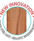 Close-up of woodgrain finish on woodgrain steel baby gate with auto close for doorways, adjustable